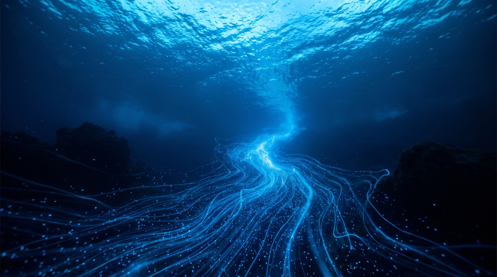 Converging currents of blue light resolving into a single stream, representing unified customer data